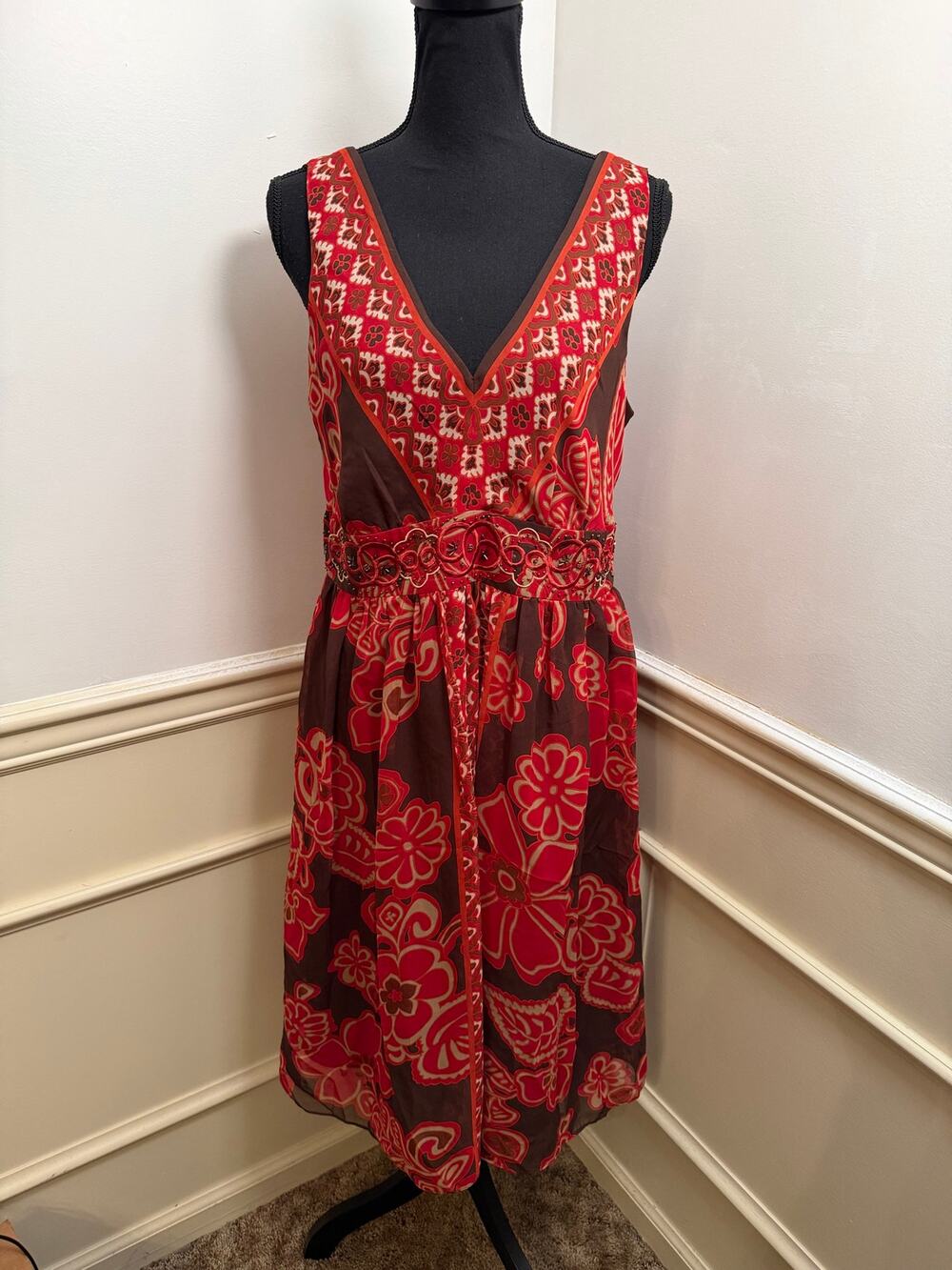 Sandra Darren Boho Floral Beaded Empire Waist Midi Dress Red/Brown Y2K Resort